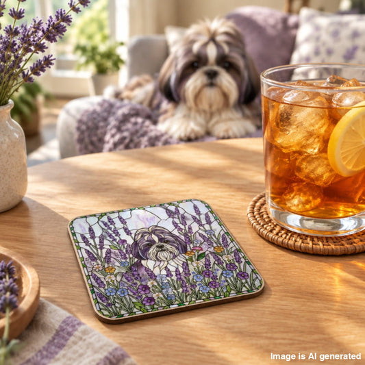 A square ceramic coaster featuring a Shih Tzu dog sitting in a field of purple lavender, displayed on a wooden table next to an iced tea glass. A real Shih Tzu dog is sitting on a couch in the warm, sunlit background.