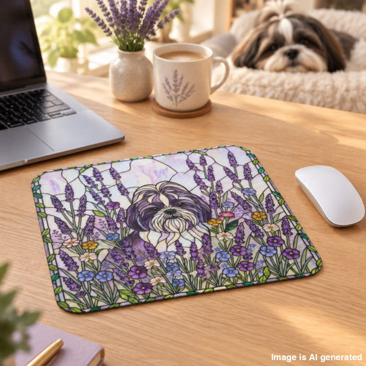 A rectangular desk mat with a stained-glass style illustration of a Shih Tzu surrounded by purple lavender and wildflowers, displayed on a wooden desk next to a laptop, coffee mug, and a real dog resting in the background.