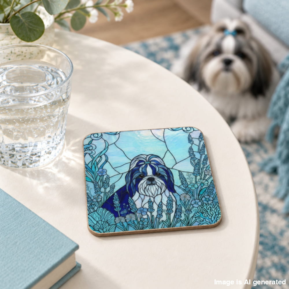 A square coaster with a stained-glass-style illustration of a Shih Tzu dog in blue and teal tones, resting on a cream-colored round table next to a glass of water. A small Shih Tzu dog is visible in the soft-focus background on a blue rug.