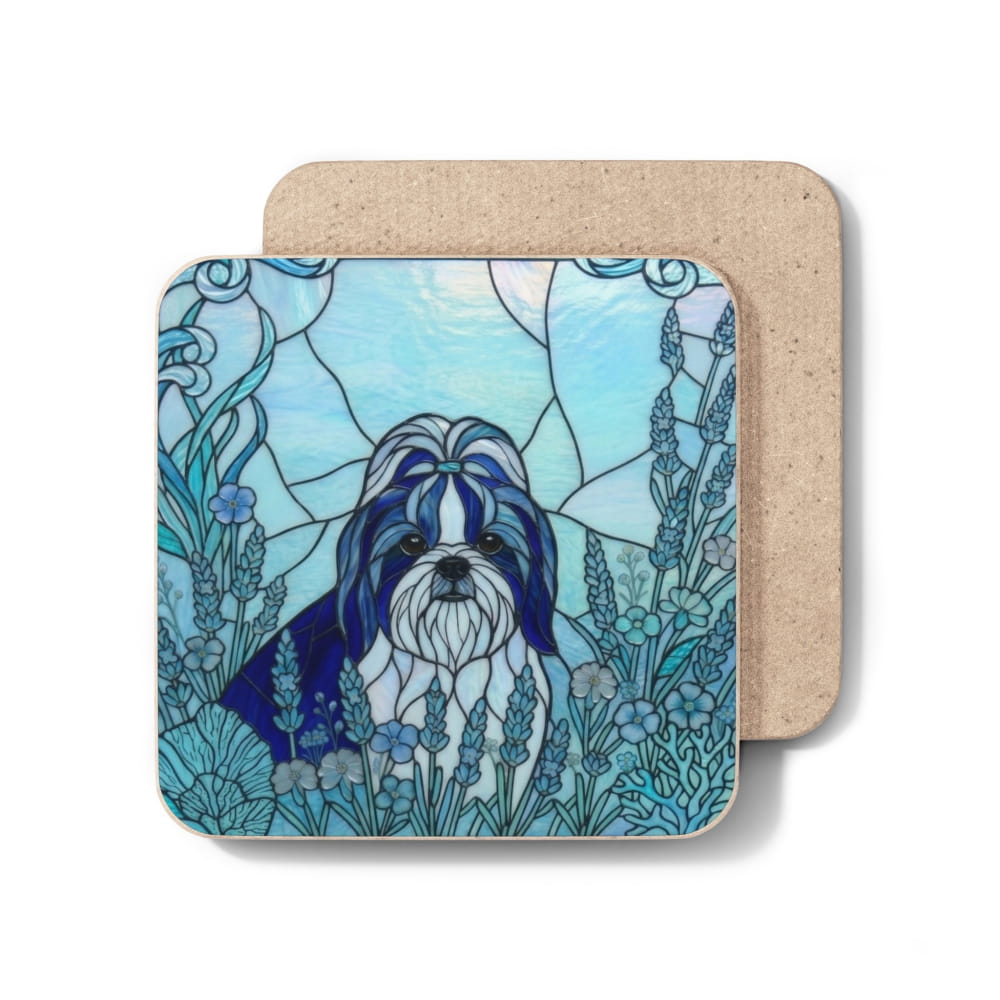 Two square cork coasters stacked slightly offset on a white background. The front coaster features a stained-glass style illustration of a Shih Tzu dog surrounded by blue flowers and vines, while the back coaster shows the natural tan cork texture.