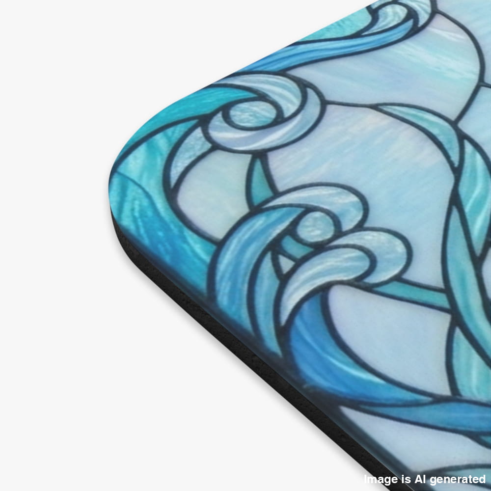 A close-up of a rounded rectangular product corner featuring a stained-glass style wave pattern in shades of blue, teal, and light aqua, with a black edge visible against a white background.