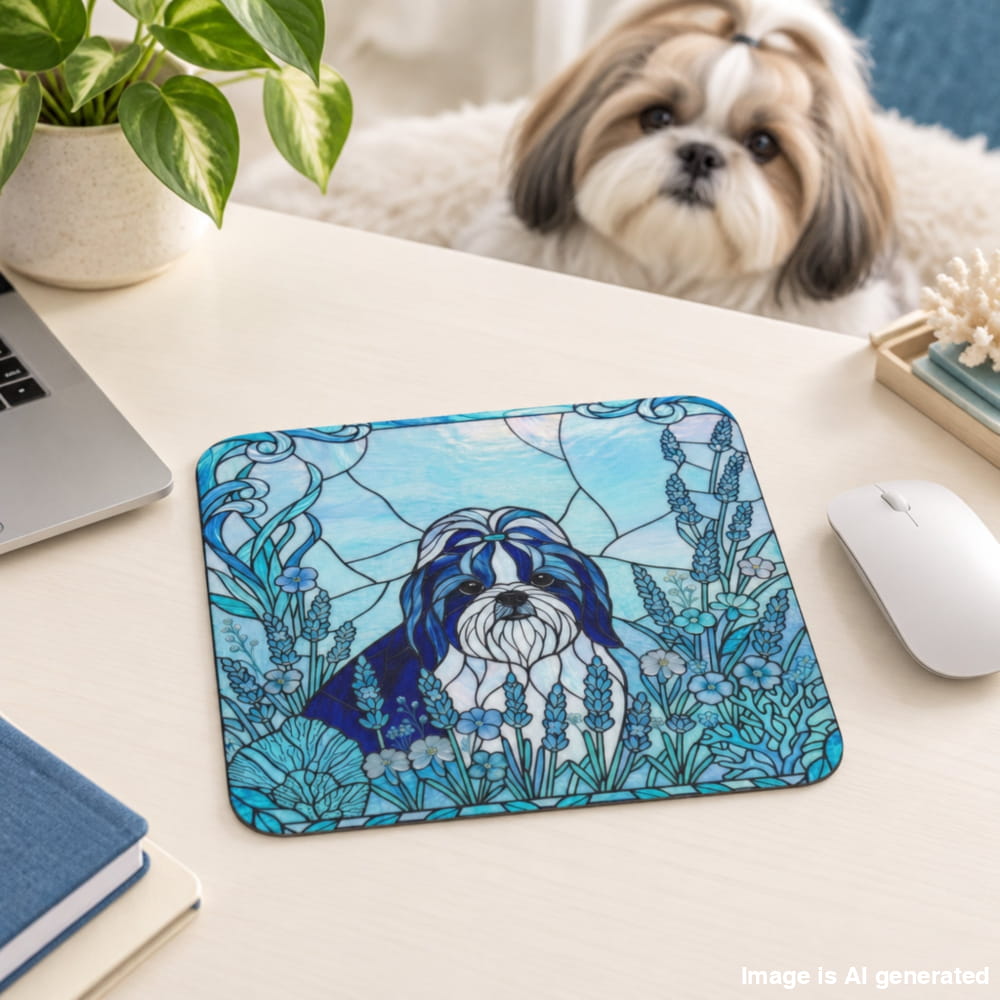 A square desk mat featuring a stained-glass-style illustration of a Shih Tzu dog in shades of blue, teal, and white, displayed on a light wood desk with a laptop, mouse, plant, and a Shih Tzu dog in the background.