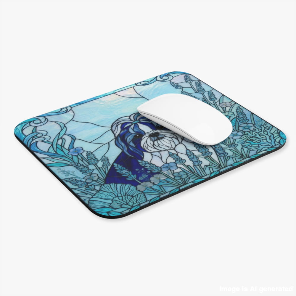 A rectangular mouse pad with rounded corners featuring a stained-glass style illustration of a Shih Tzu dog in shades of blue, teal, and white, with a white computer mouse resting on top, shown on a light gray background.