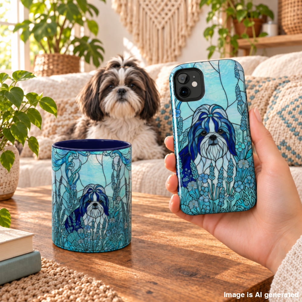 Shih Tzu Stained Glass Style Ocean Blue Set, Mug & Phone Case - iPhone 17 Air / Navy - Bundles