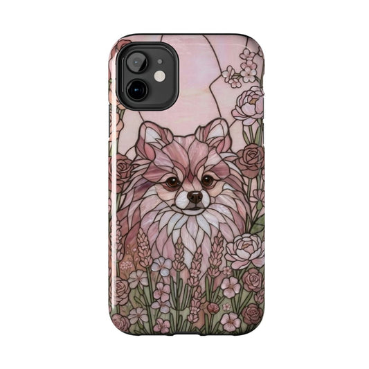 Phone case with a dog and floral design on a white background