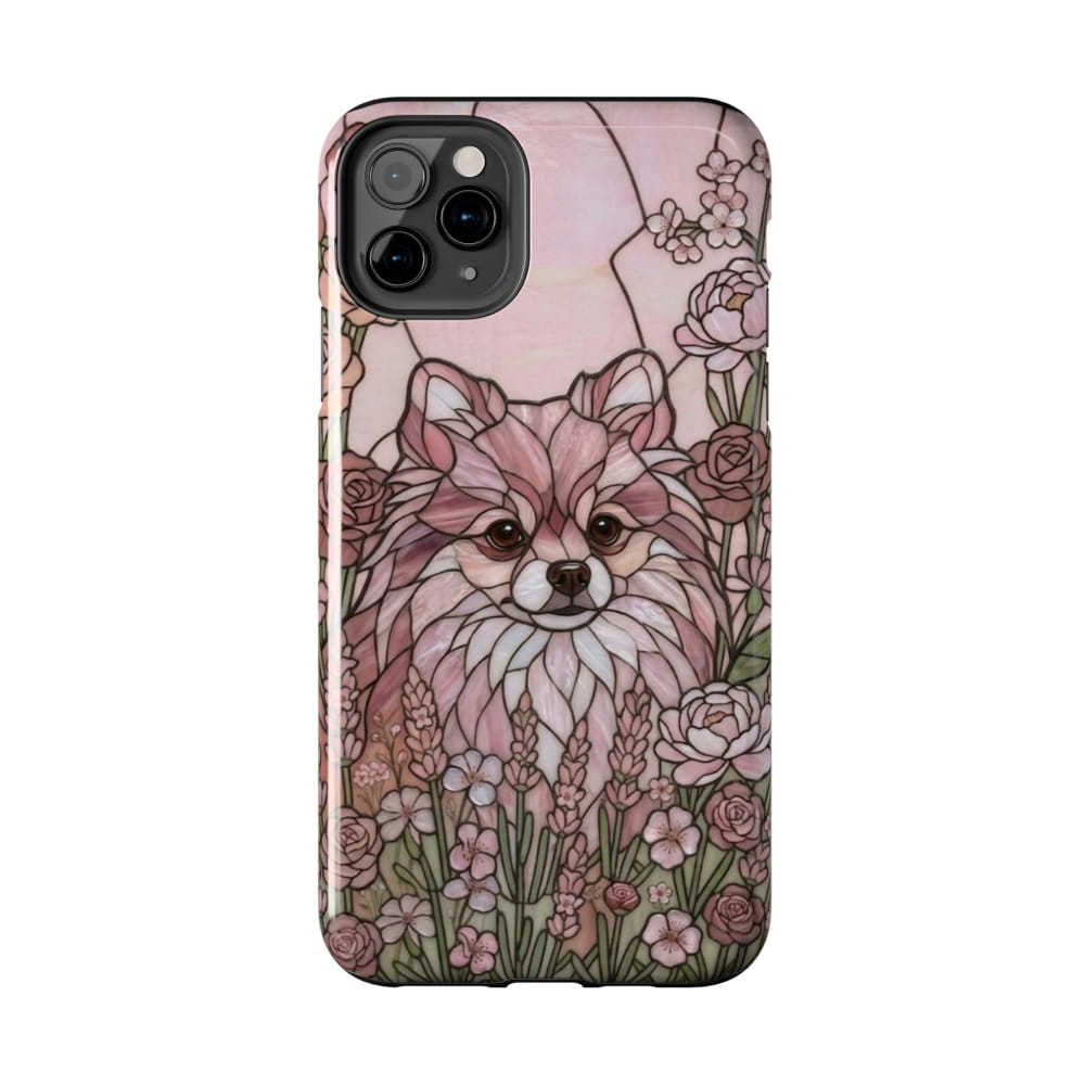 Phone case with a dog and floral design on a white background