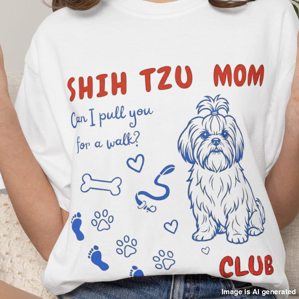 White t-shirt with Shih Tzu graphic and text 'Shih Tzu Mom Club' worn by a person.