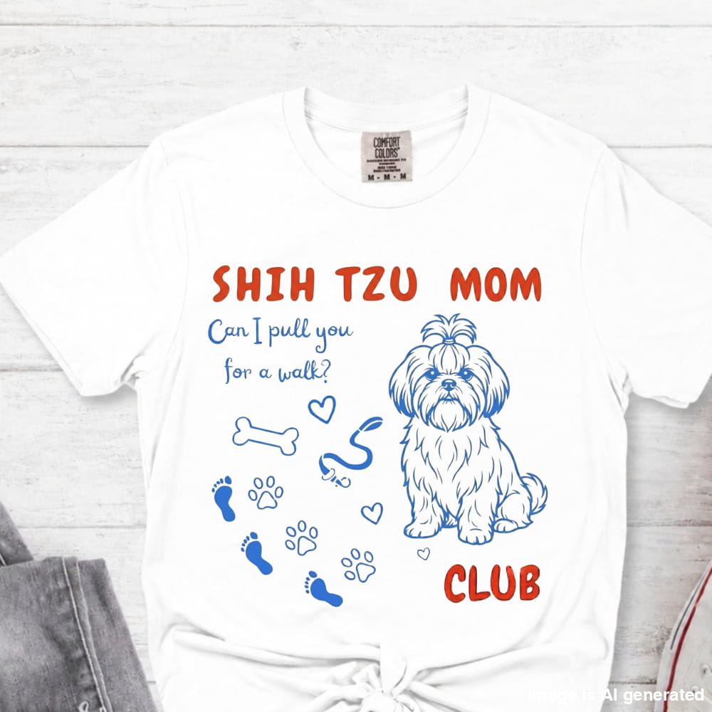 White t-shirt with Shih Tzu graphic and text on a white background