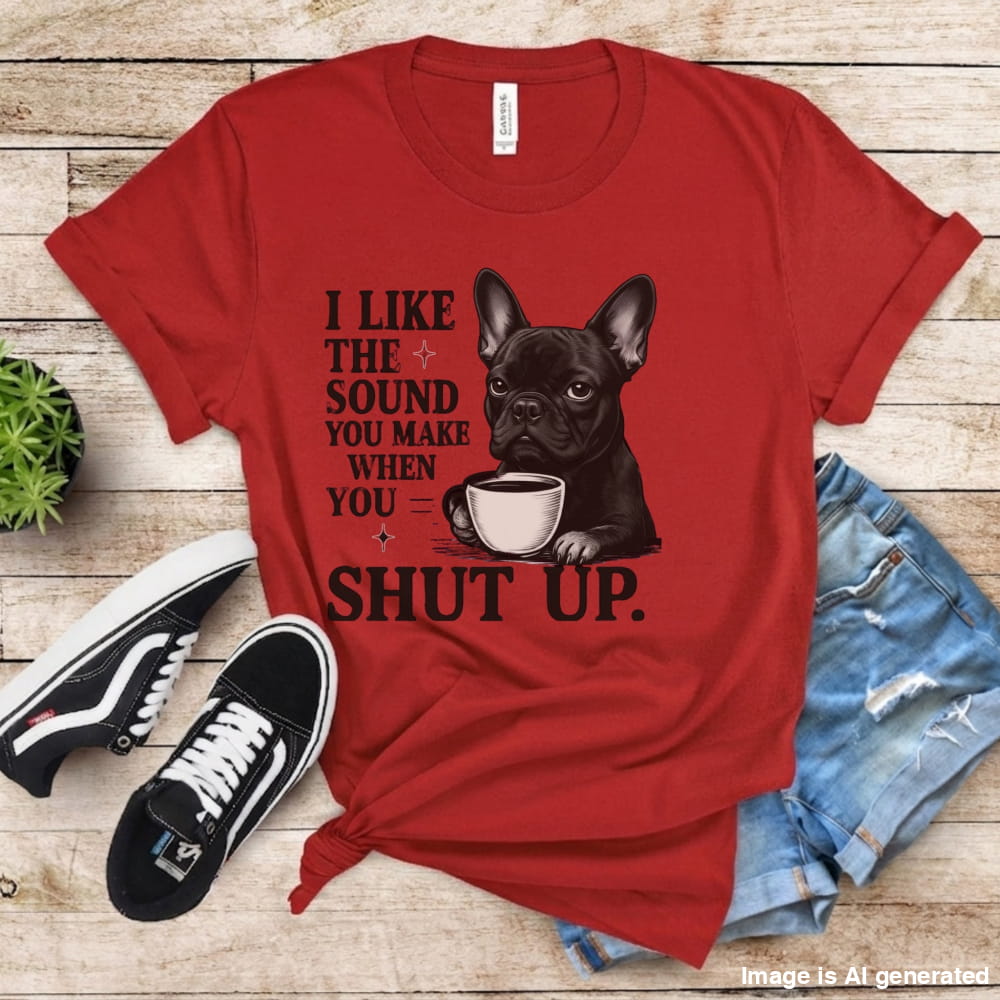 Red t-shirt with a dog graphic and text, paired with sneakers and shorts on a wooden surface.