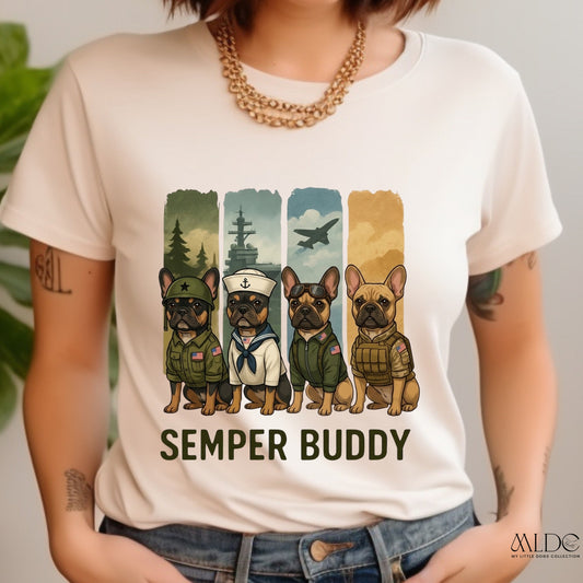 Person wearing a t-shirt with military-themed dog illustrations and 'Semper Buddy' text.