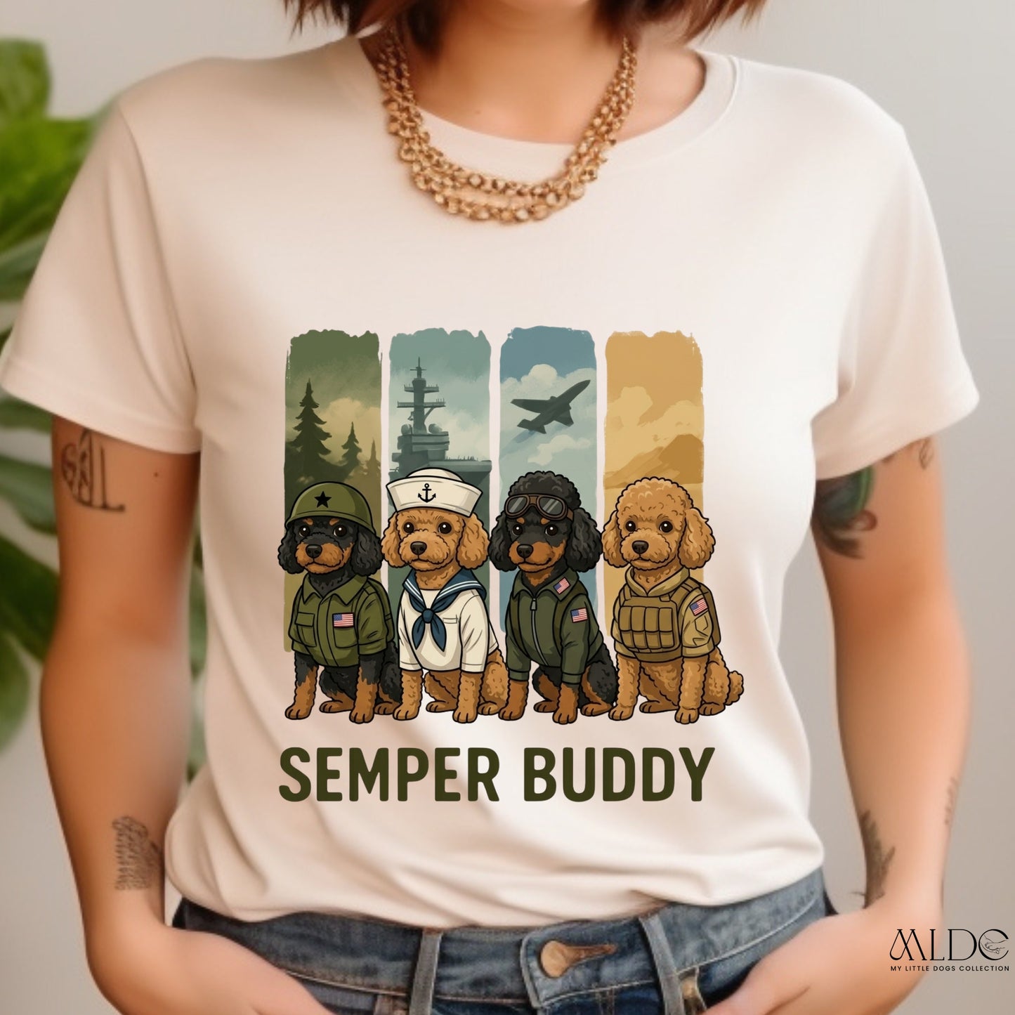 Person wearing a t-shirt with cartoon dogs in military uniforms and 'Semper Buddy' text.