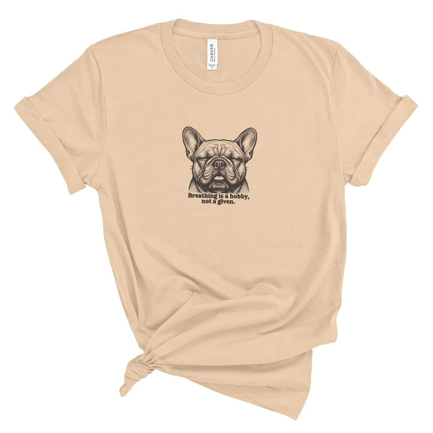 Beige t-shirt with a graphic of a dog and text on a white background