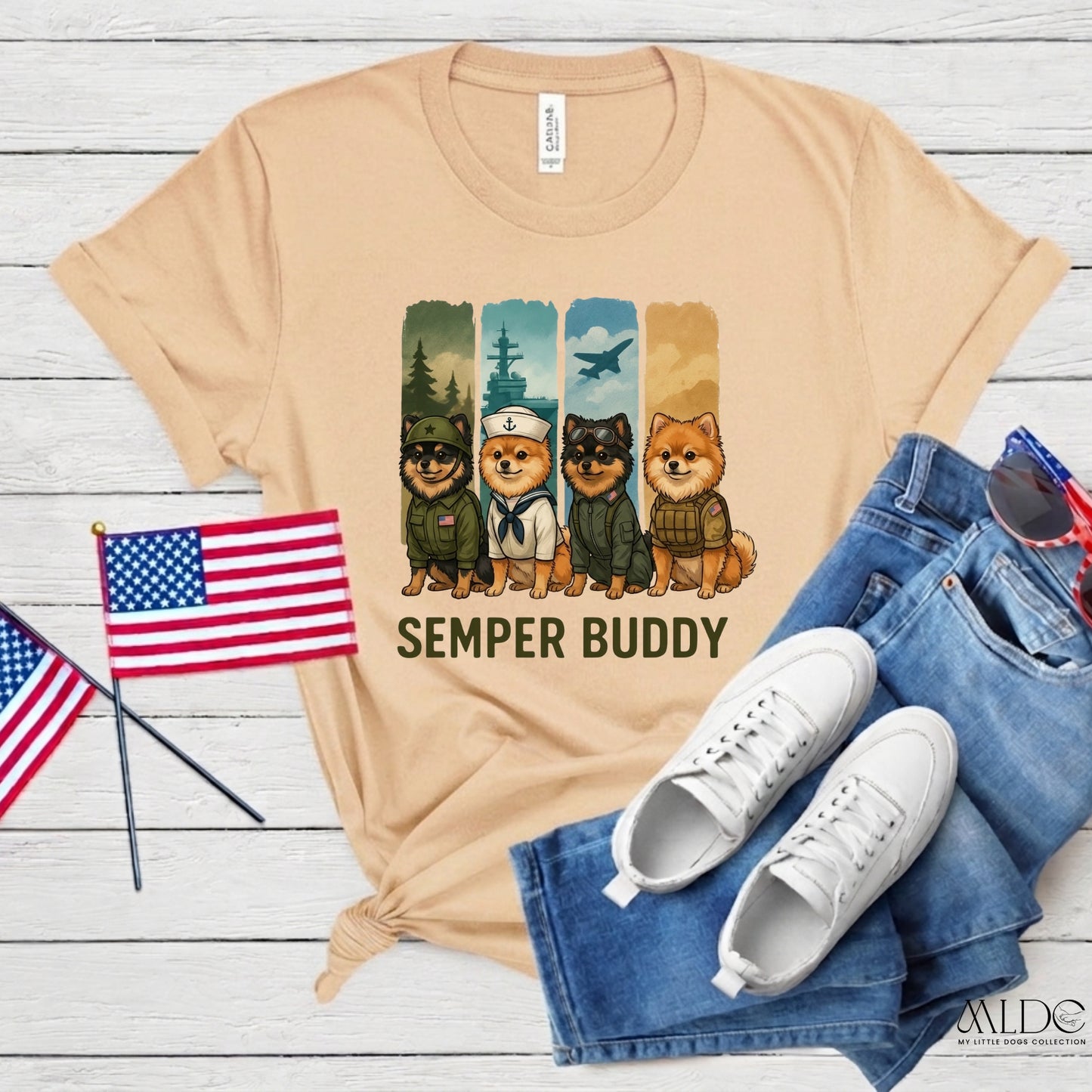 Semper Buddy Pomeranian Premium Tee — Small Dog, Big Patriot