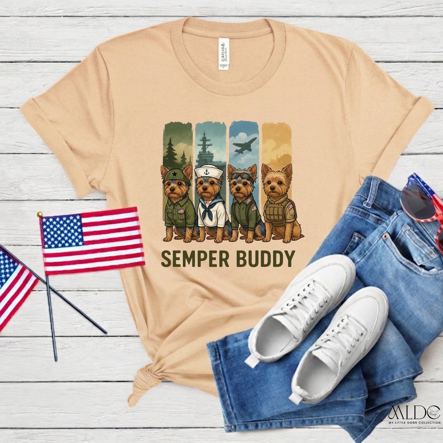 Semper Buddy Yorkie Premium Tee — Small Dog, Big Patriot