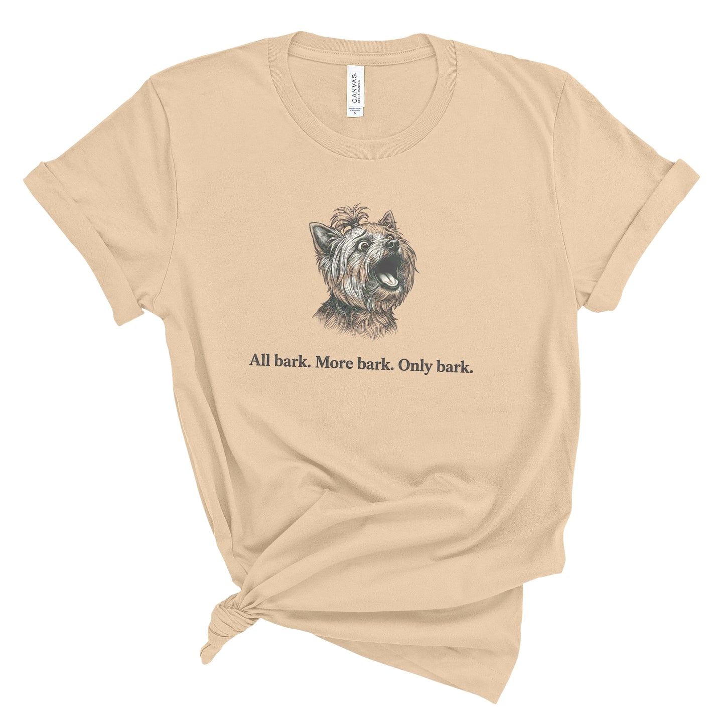 Beige t-shirt with a dog illustration and text on a white background