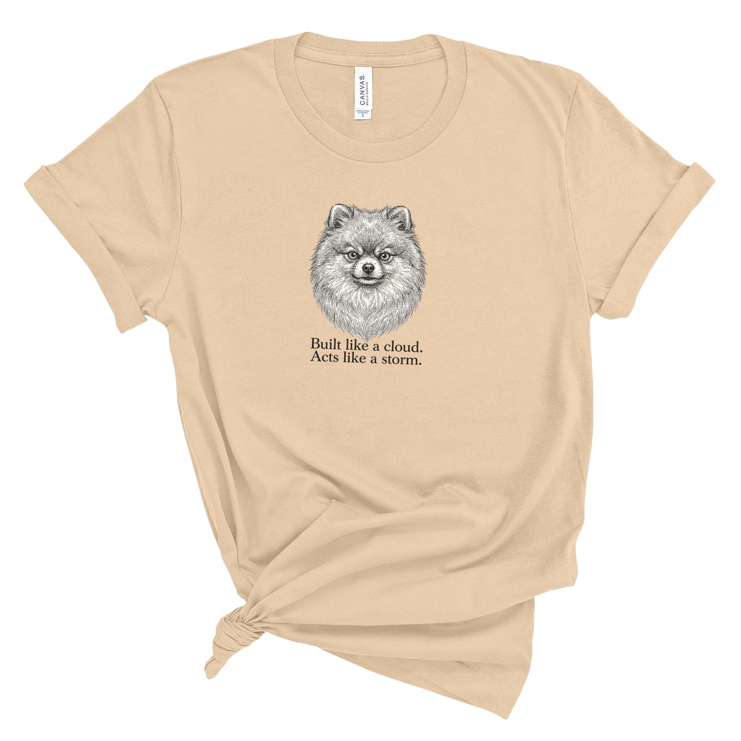 Beige t-shirt with a dog illustration and text on a white background