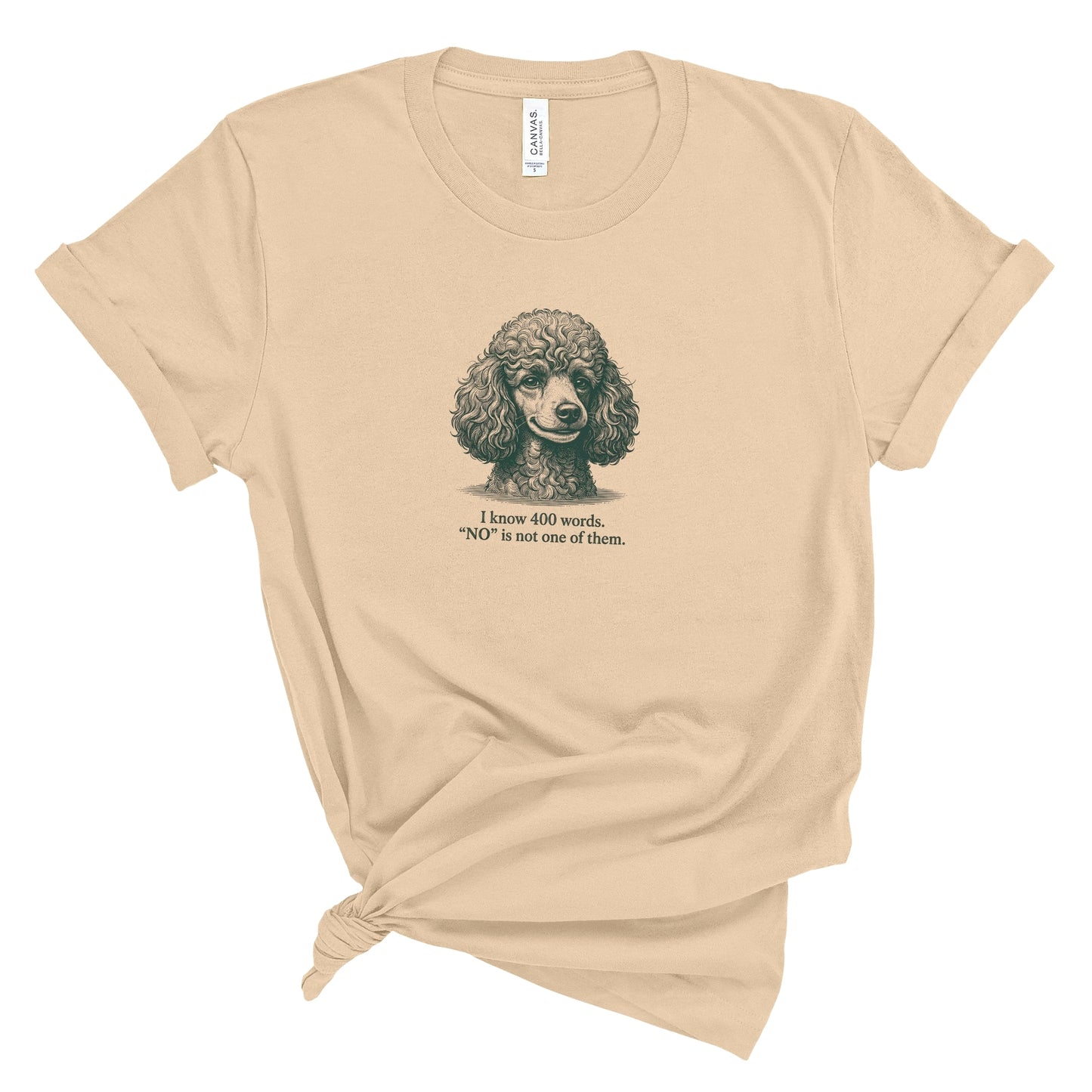 Beige t-shirt with a poodle graphic and text on a white background