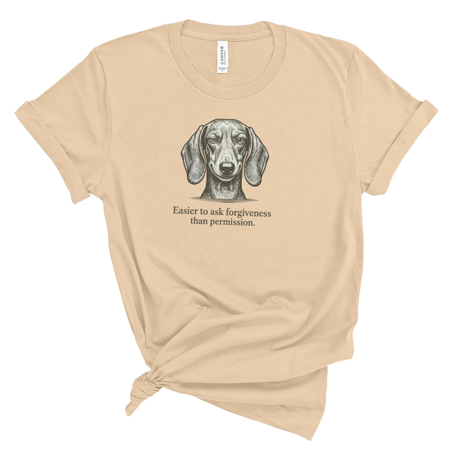 Beige t-shirt with a dachshund graphic and text on a white background