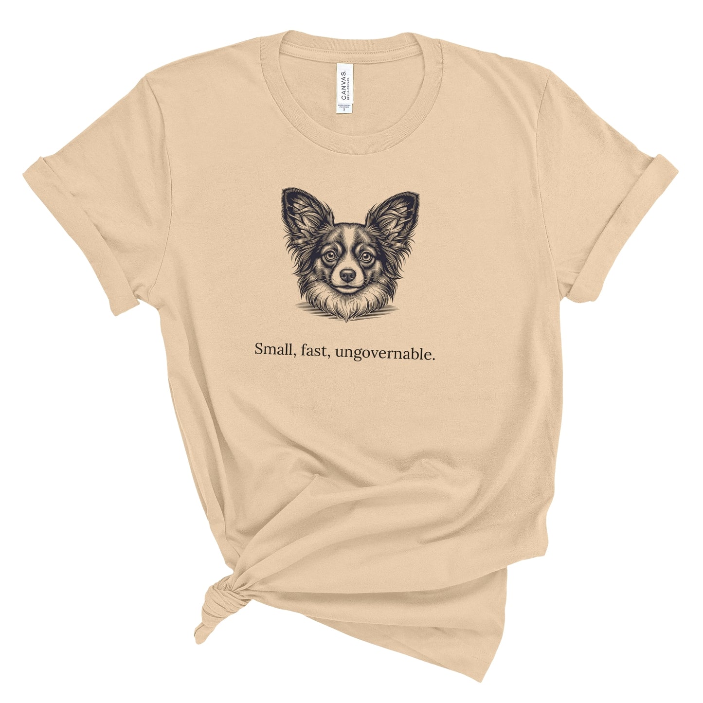 Beige t-shirt with a dog illustration and text on a white background