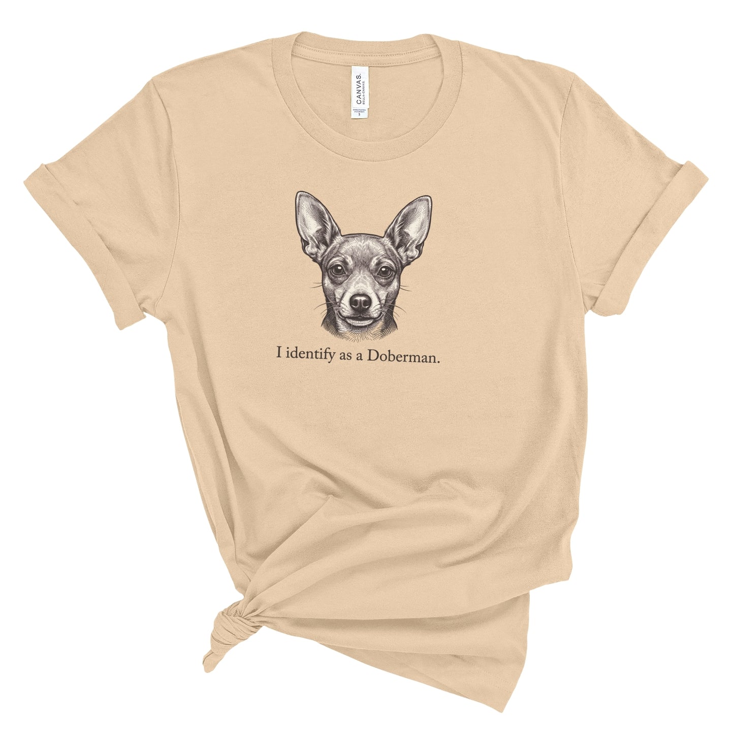 Beige t-shirt with a Doberman graphic and text on a white background