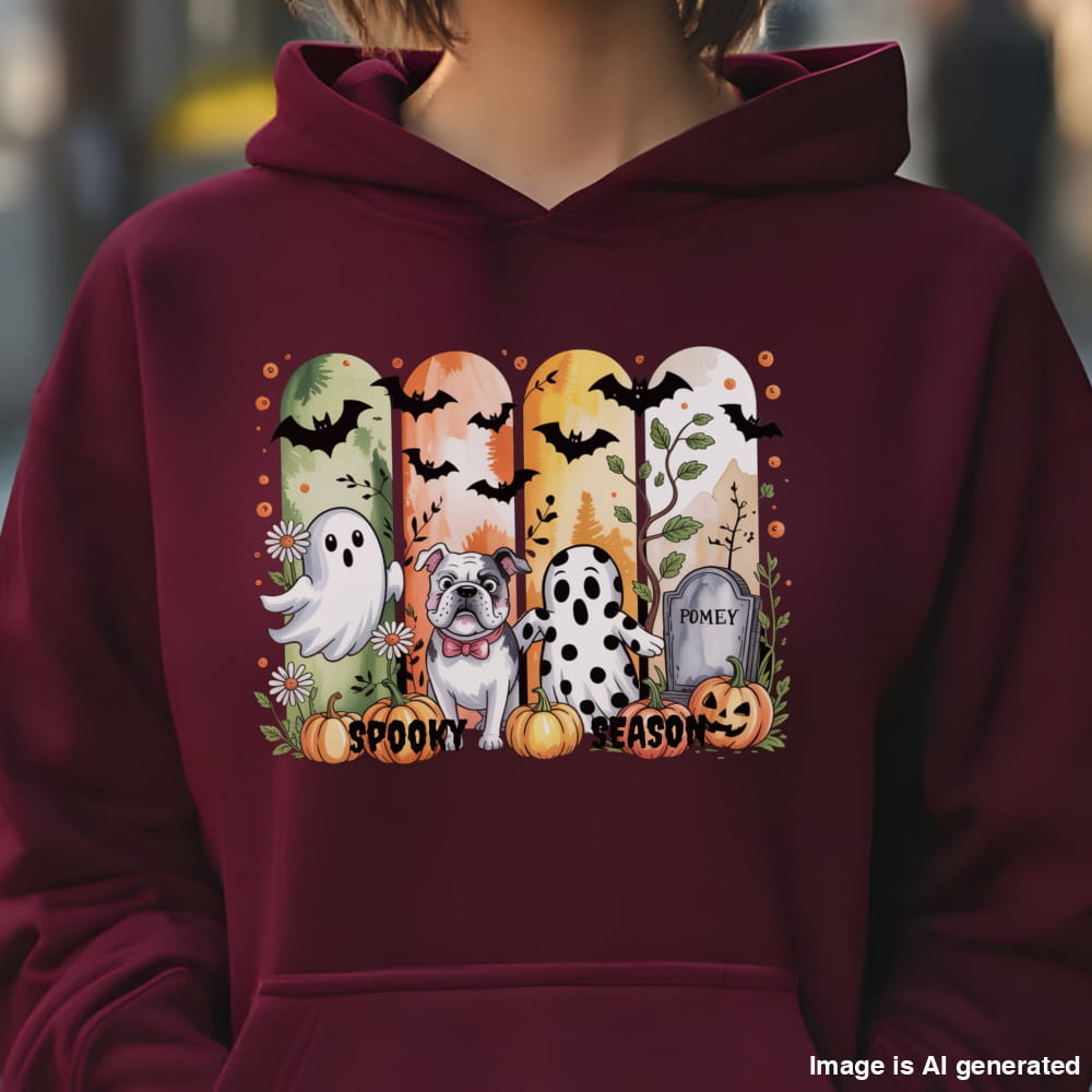 Maroon hoodie with Halloween-themed print of small dogs in ghost costumes, bats, pumpkins, and “Spooky Season” text on the front.
