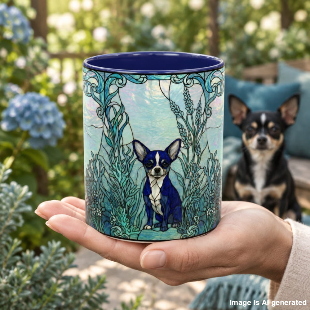 A hand holds a ceramic mug featuring a blue and teal illustrated dog surrounded by ornate botanical designs. A small black-and-tan dog sits blurred in the background outdoors, with greenery and patio cushions visible.