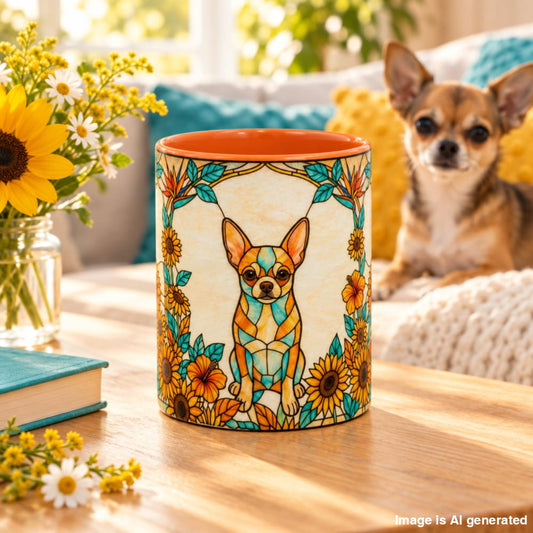 A ceramic canister with a colorful stained-glass-style Chihuahua dog design, set on a wooden table in a cozy living room with a small dog in the background.