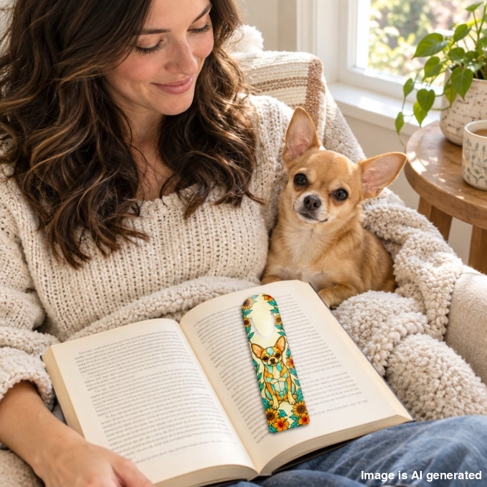A woman in a cozy knit sweater reads in a bright living room while holding an open book. A small tan Chihuahua sits beside her on a cream throw blanket.