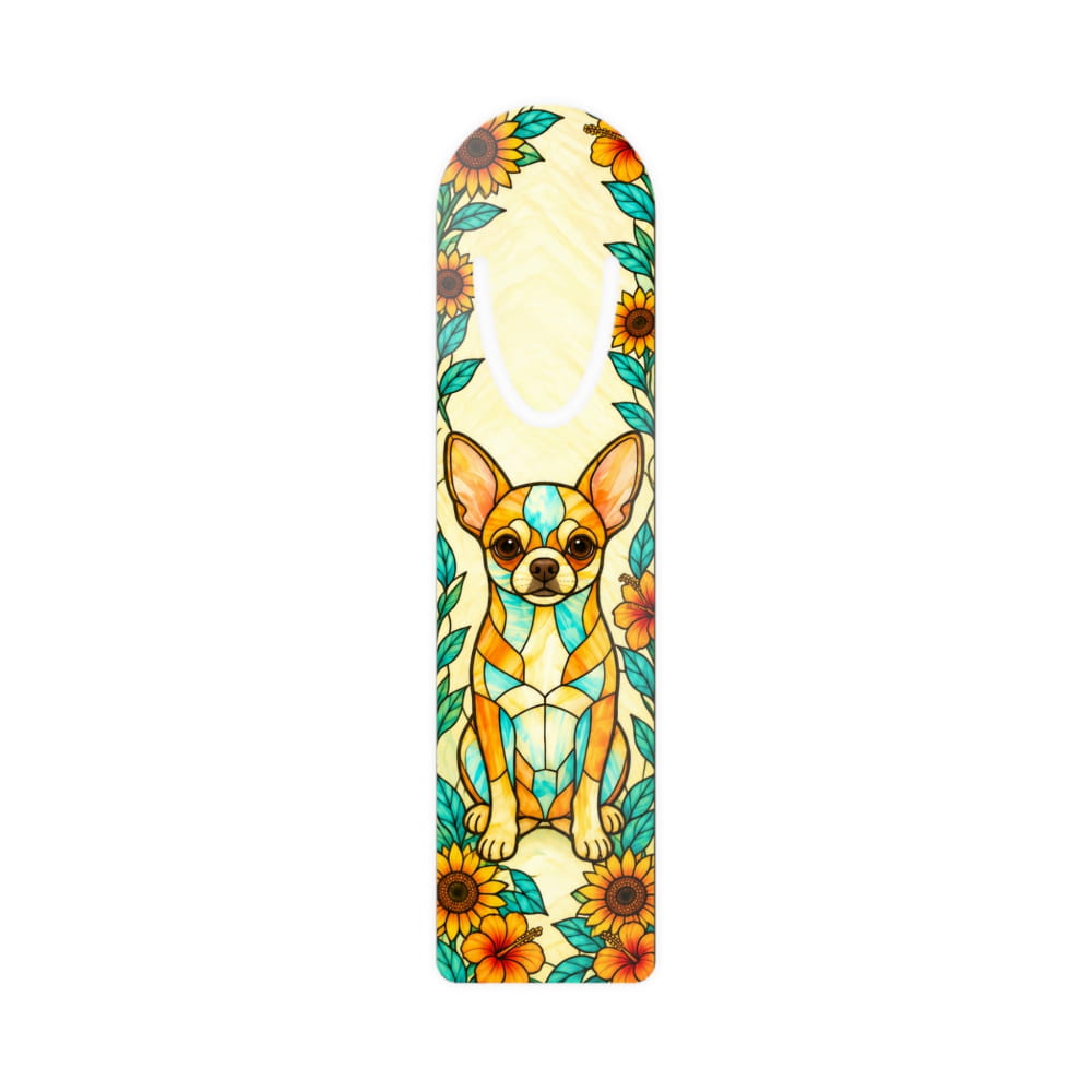 A rectangular mouse pad with rounded corners featuring a stained-glass style illustration of a Chihuahua dog surrounded by sunflowers and green leaves on a cream background.