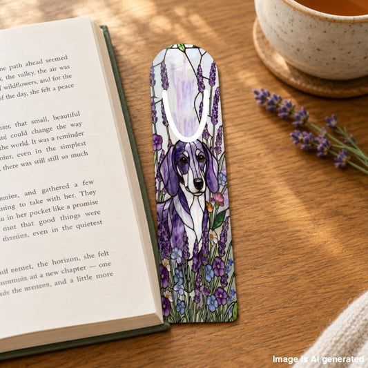 A rectangular book bookmark featuring a painted purple dog surrounded by lavender flowers, resting on a wooden table next to an open book, a cup of tea, and lavender sprigs.