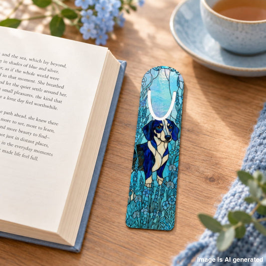 A decorative bookmark featuring a blue and white dog illustration on a teal background, resting on a wooden table next to an open book, a cup of tea, and a knitted blanket.