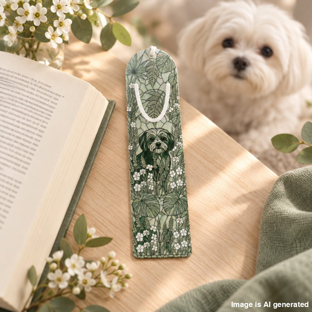 Botanical Green bookmark lying next to a book on a table. A cute Maltese dog in the background.