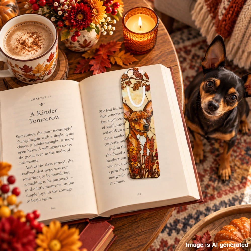An open book on a rustic wooden table with a decorative autumn-themed bookmark featuring a fox illustration. A small black and tan dog looks at the bookmark and book.