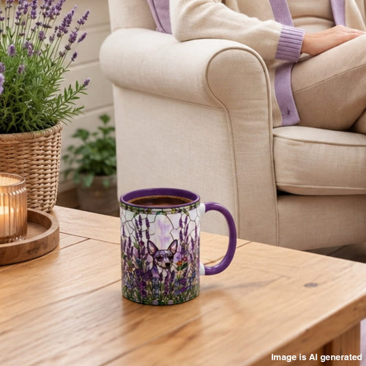 Mini Pinscher Lavender Garden Stained Glass Style coffee mug on a wooden table in a bright sunroom with a woman and black-and-tan Miniature Pinscher
