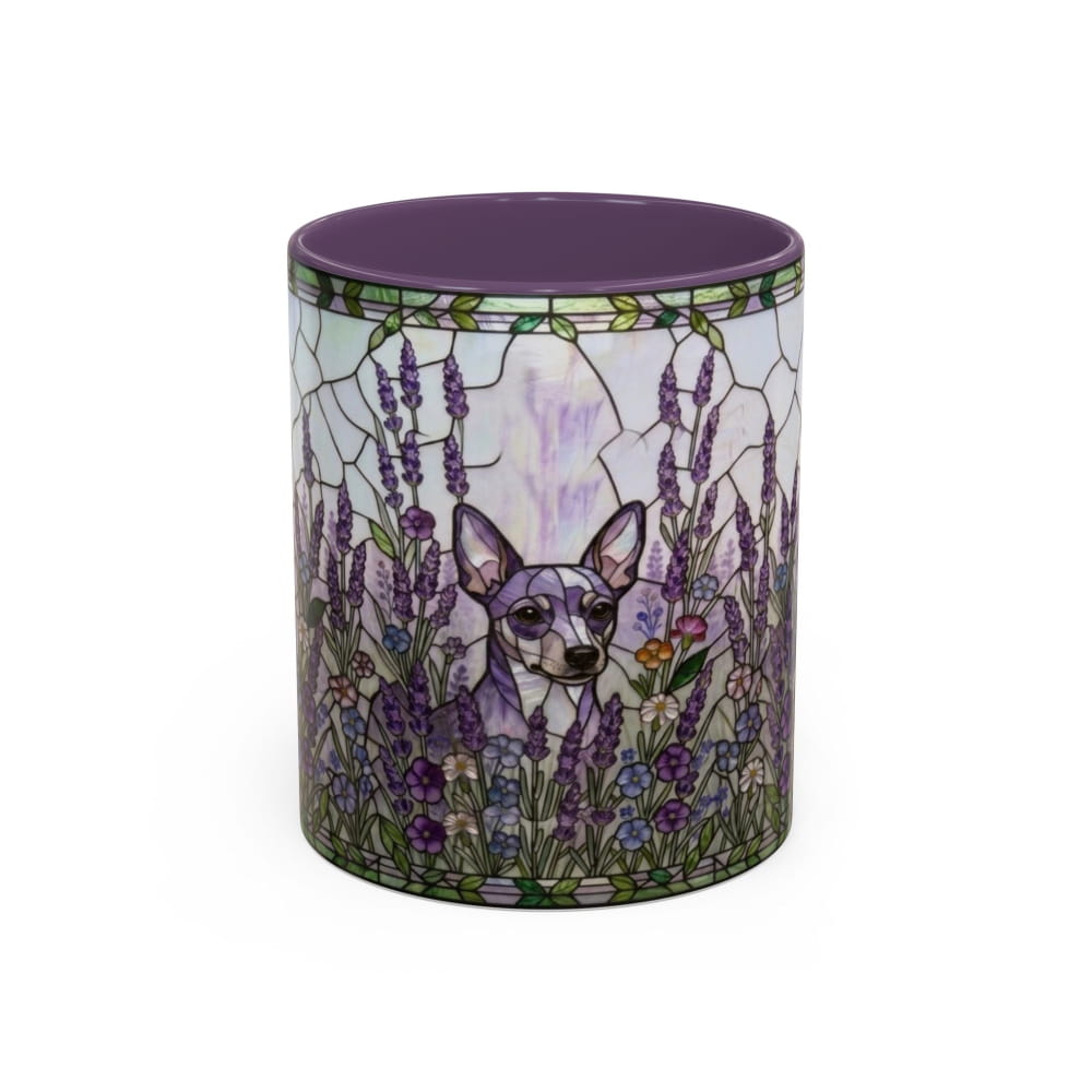 A ceramic mug featuring a stained-glass style illustration of a small dog surrounded by purple lavender and wildflowers, with a solid purple interior and rim.