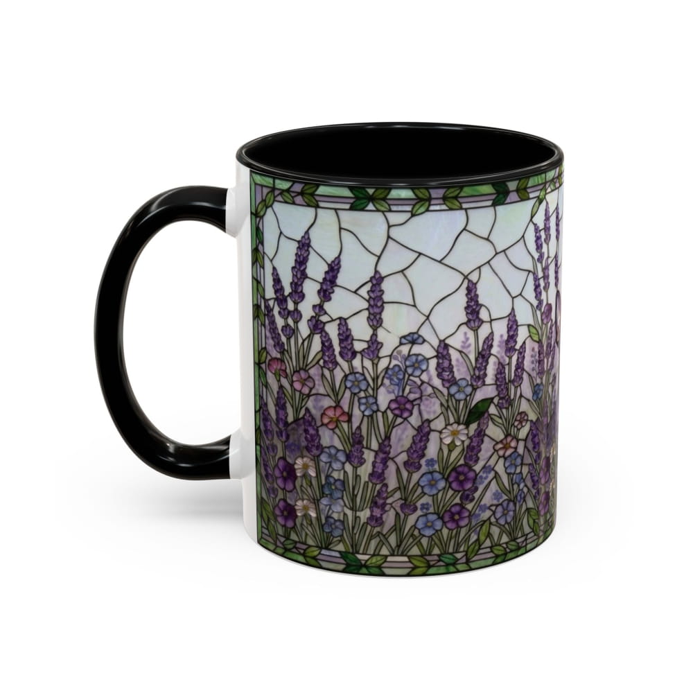 A ceramic mug with a black handle and black interior, featuring a stained-glass style floral design with purple lavender, green leaves, and small pink and blue flowers on a white background.