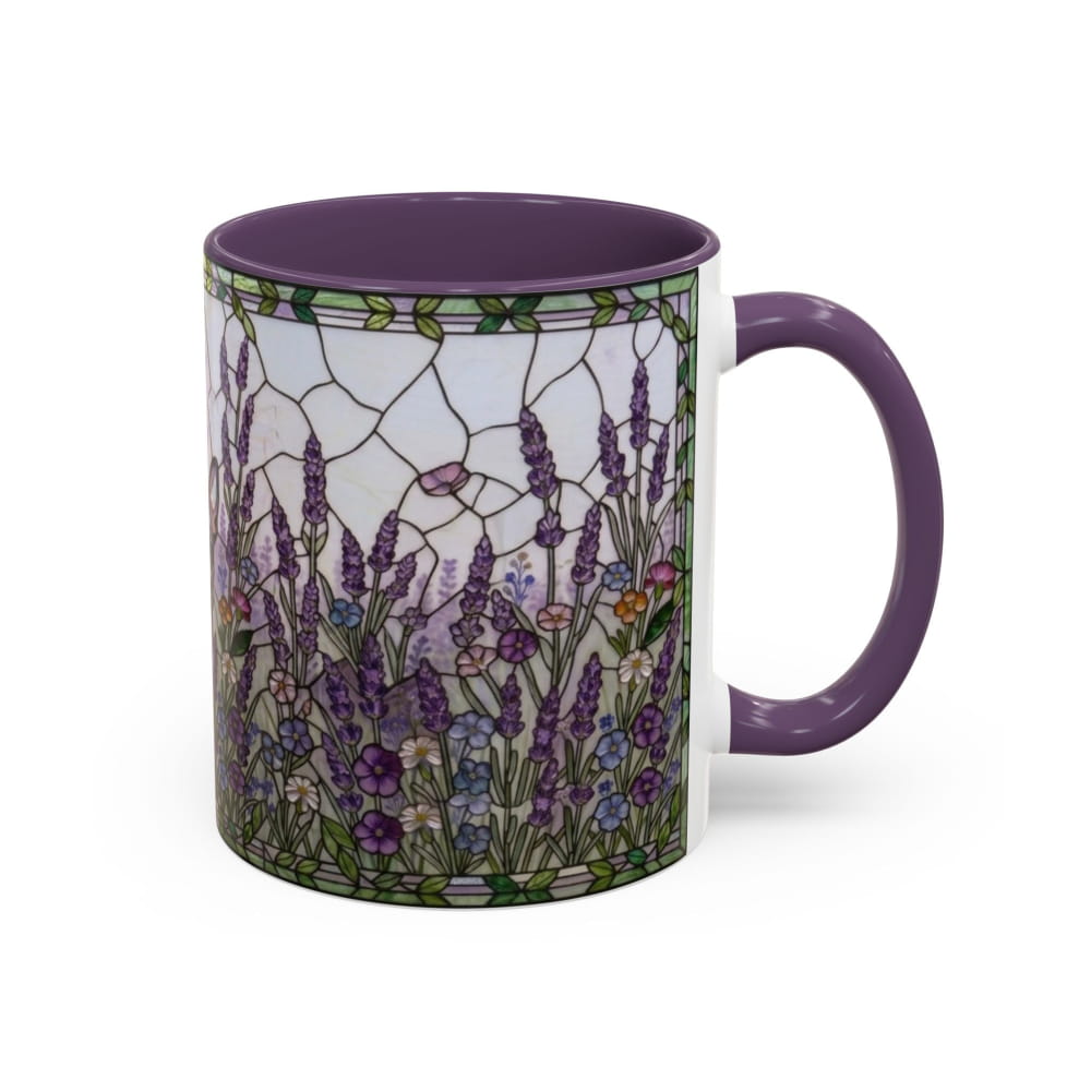 A ceramic mug with a purple handle and interior, featuring a stained-glass style floral design of lavender and wildflowers on a white background.