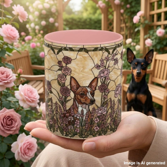 A hand holds a pink and cream ceramic mug decorated with a chihuahua and roses in an Art Nouveau style, set against a garden background with a small black and tan dog sitting on a wooden bench.