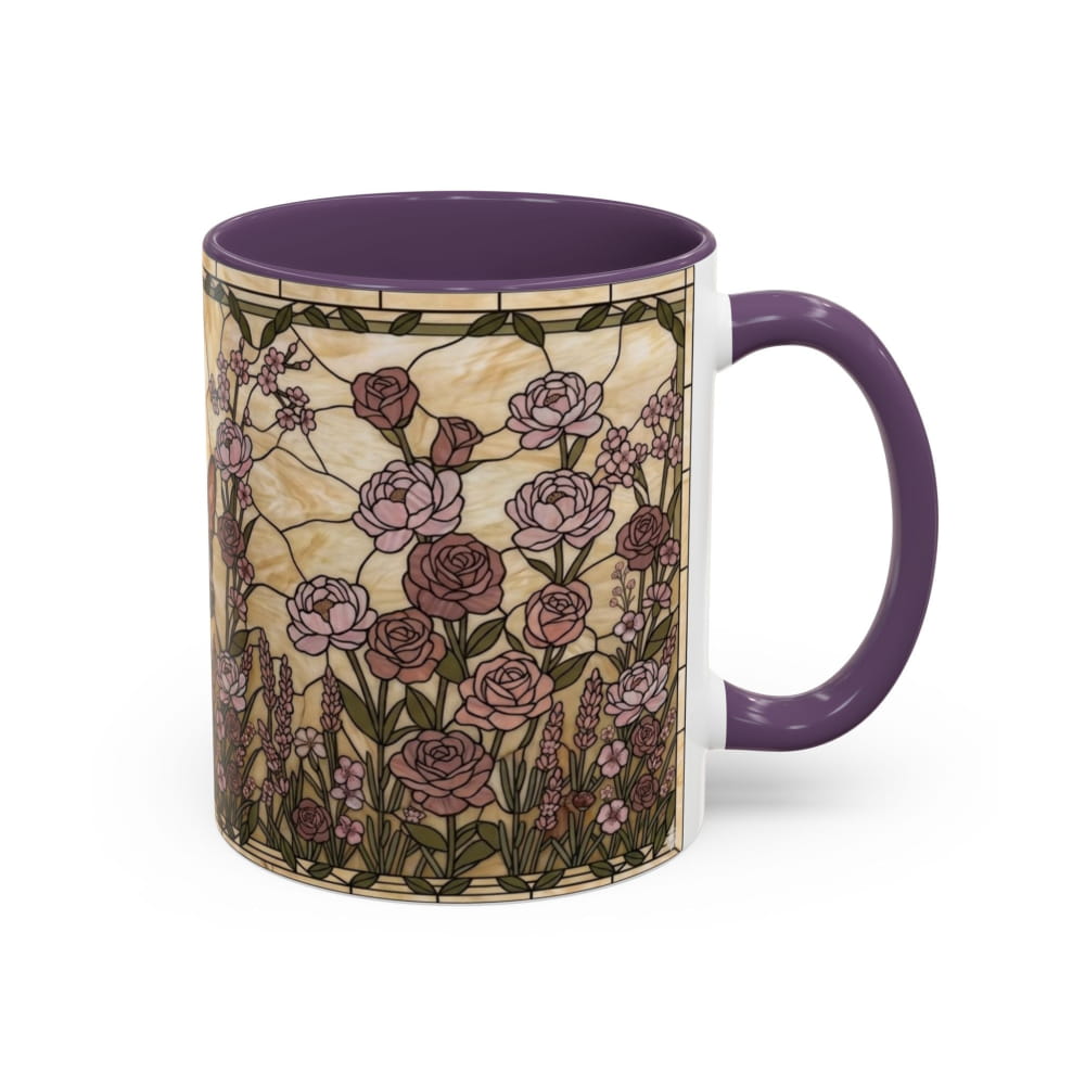 A ceramic mug with a purple handle and interior, featuring a vintage stained-glass style floral pattern with pink and mauve roses on a beige background.