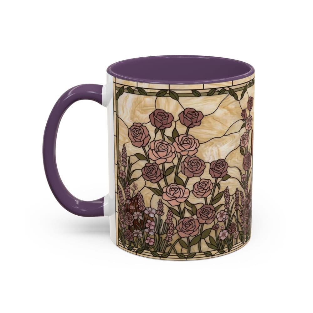 A ceramic mug with a purple handle and interior, featuring a stained-glass style floral design of pink and mauve roses on a beige background.