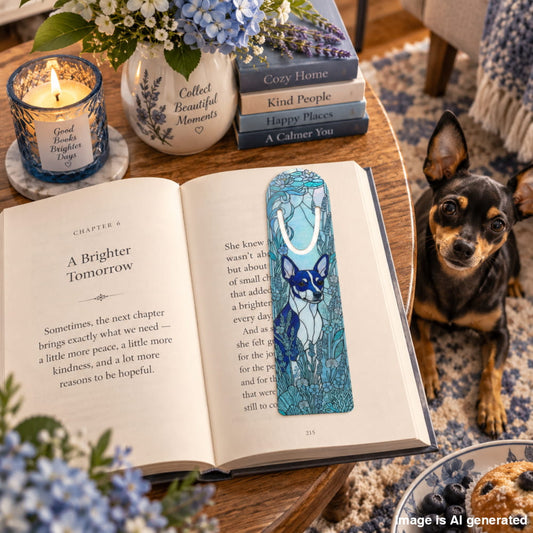 A decorative blue and white bookmark with a butterfly design is shown resting on an open book on a wooden table. The scene is styled with a lit candle, a ceramic vase of flowers, a stack of books, and a small dog sitting nearby, making this a Lifestyle image.