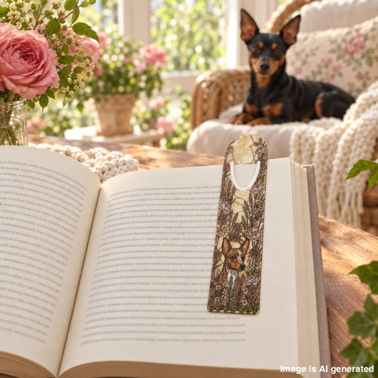 A decorative book bookmark featuring a small dog illustration in a floral field, resting on an open book in a cozy, sunlit room with a small black and tan dog sitting in the background on a wicker chair.