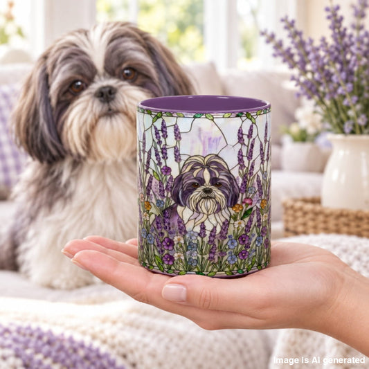 A hand holds a ceramic mug featuring a Shih Tzu dog surrounded by purple lavender flowers, with a real Shih Tzu dog sitting in a cozy living room background.
