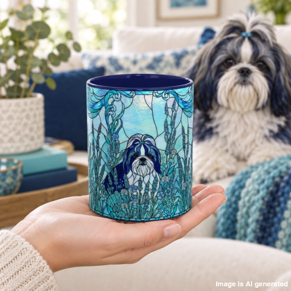 A hand holds a ceramic mug featuring a stained-glass style illustration of a Shih Tzu dog in a blue garden. A real Shih Tzu dog sits in a cozy living room background.