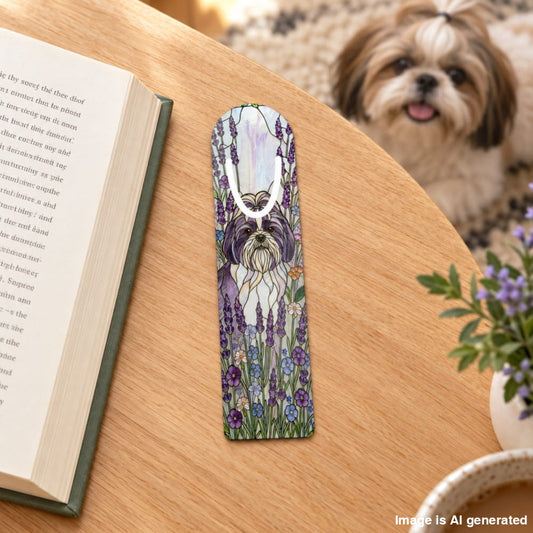A dog-shaped bookmark featuring a Shih Tzu surrounded by lavender and blue flowers, resting on a wooden table next to an open book, with a Shih Tzu dog blurred in the background.