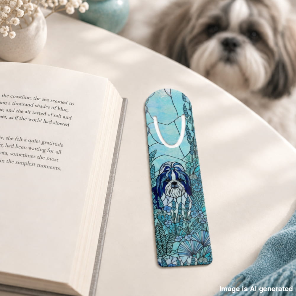 A decorative book bookmark featuring a blue and teal dog illustration with a white handle, resting on an open book next to a small dog in soft-focus background.