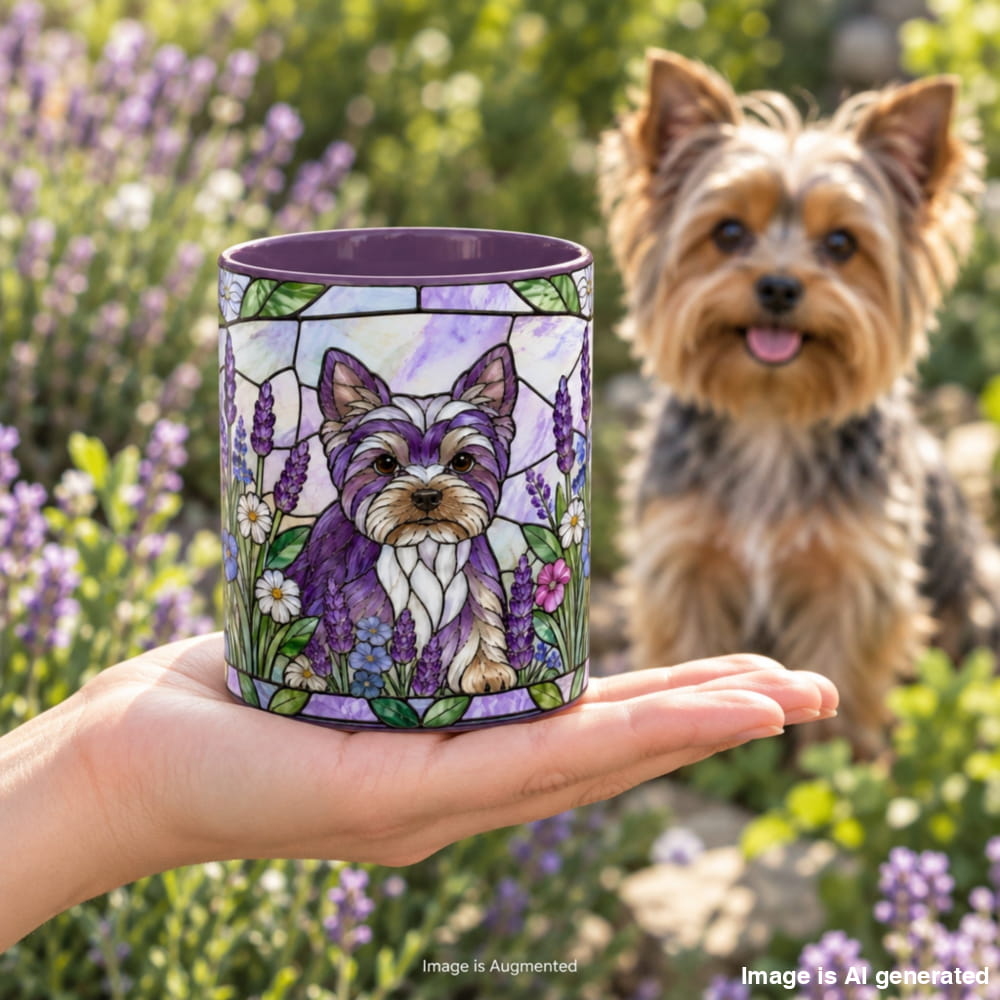 A hand holds a ceramic mug featuring a stained-glass-style illustration of a Yorkshire Terrier surrounded by purple lavender flowers. A real Yorkshire Terrier dog stands blurred in a sunny garden background.