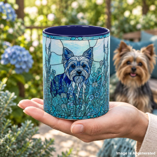 A ceramic mug with a stained-glass style illustration of a Yorkshire Terrier in blue and white tones, held in a person's hand outdoors with a small dog blurred in the background.
