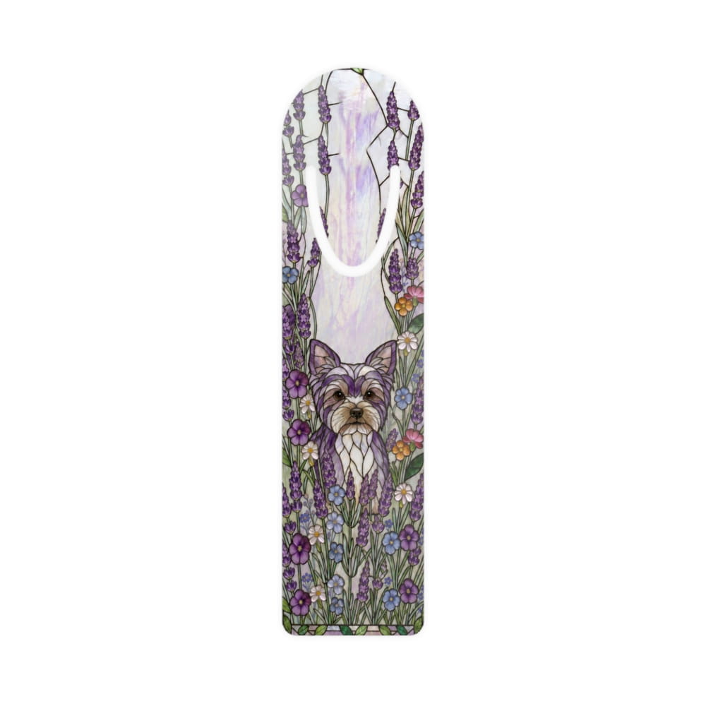 A slim, vertically oriented phone case featuring a detailed illustration of a Yorkshire Terrier surrounded by purple lavender and wildflowers, set against a plain white background.