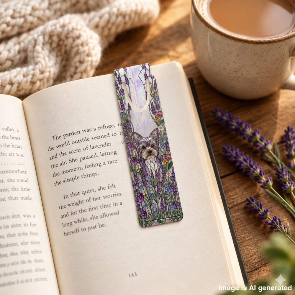 A rectangular paper bookmark with a printed illustration of a cat among purple lavender and green leaves, resting on an open book on a wooden table. A ceramic mug, lavender sprigs, and a knitted blanket are visible in the scene.